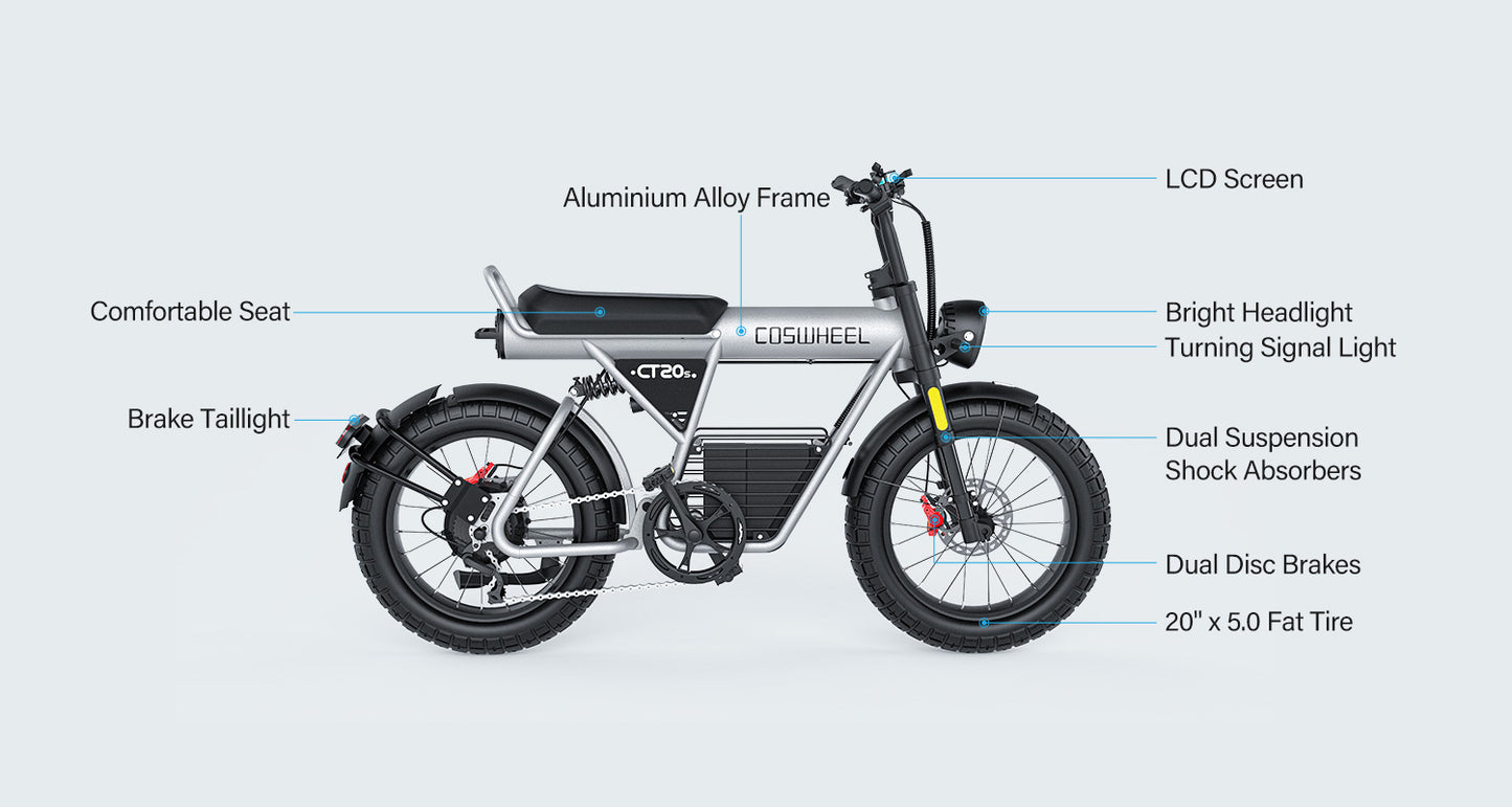 COSWHEEL CT20S 65km/h Electric Bike for Adults 2000W Motor 60V 27.5AH Battery 100Miles Long Range Ebike 20x5" Fat Tire E Bike