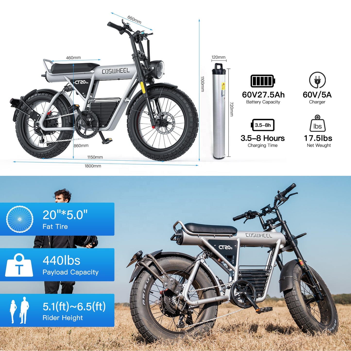 COSWHEEL CT20S 65km/h Electric Bike for Adults 2000W Motor 60V 27.5AH Battery 100Miles Long Range Ebike 20x5" Fat Tire E Bike