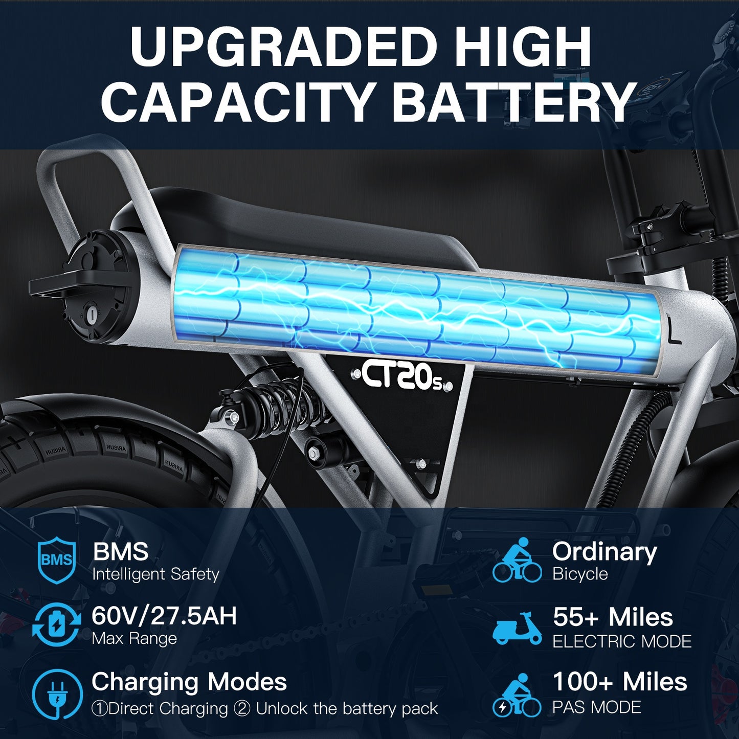 COSWHEEL CT20S 65km/h Electric Bike for Adults 2000W Motor 60V 27.5AH Battery 100Miles Long Range Ebike 20x5" Fat Tire E Bike