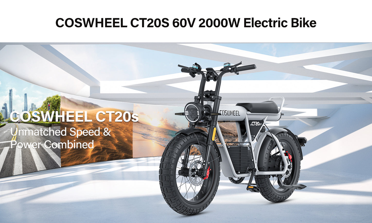 COSWHEEL CT20S 65km/h Electric Bike for Adults 2000W Motor 60V 27.5AH Battery 100Miles Long Range Ebike 20x5" Fat Tire E Bike