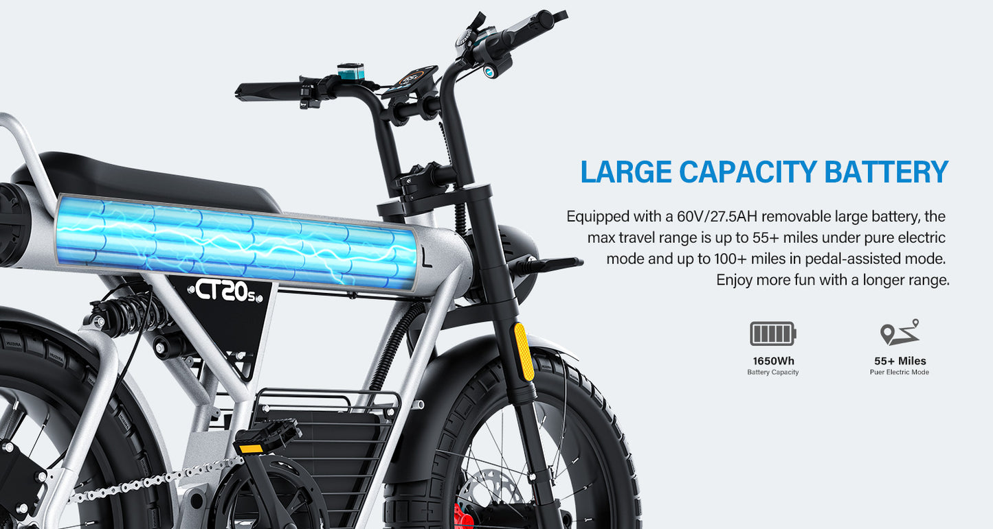 COSWHEEL CT20S 65km/h Electric Bike for Adults 2000W Motor 60V 27.5AH Battery 100Miles Long Range Ebike 20x5" Fat Tire E Bike